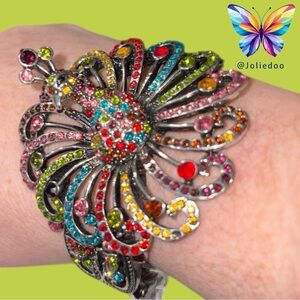 Colorful Peacock Crystal Dangle Cuff Bracelet NWT